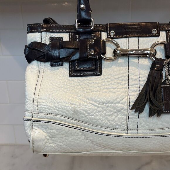 Coach Bag Purse Handbag Leather White Braided Hampton Signature Shoulder Tote - Picture 2 of 16